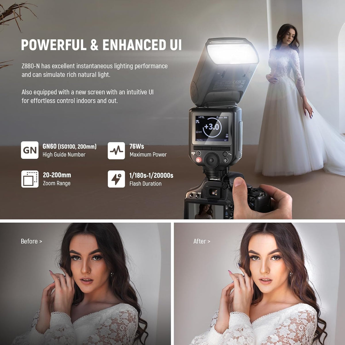 NEEWER Z880-C 2.4G 76Ws TTL Camera Flash Speedlite Compatible with Canon, Upgraded UI, Adjustable Modeling Lamp, TTL/M Quick Switch TCM Key, 1/8000s HSS 7.4V/2600mAh Battery 480 Full Power Flash - PuriLite