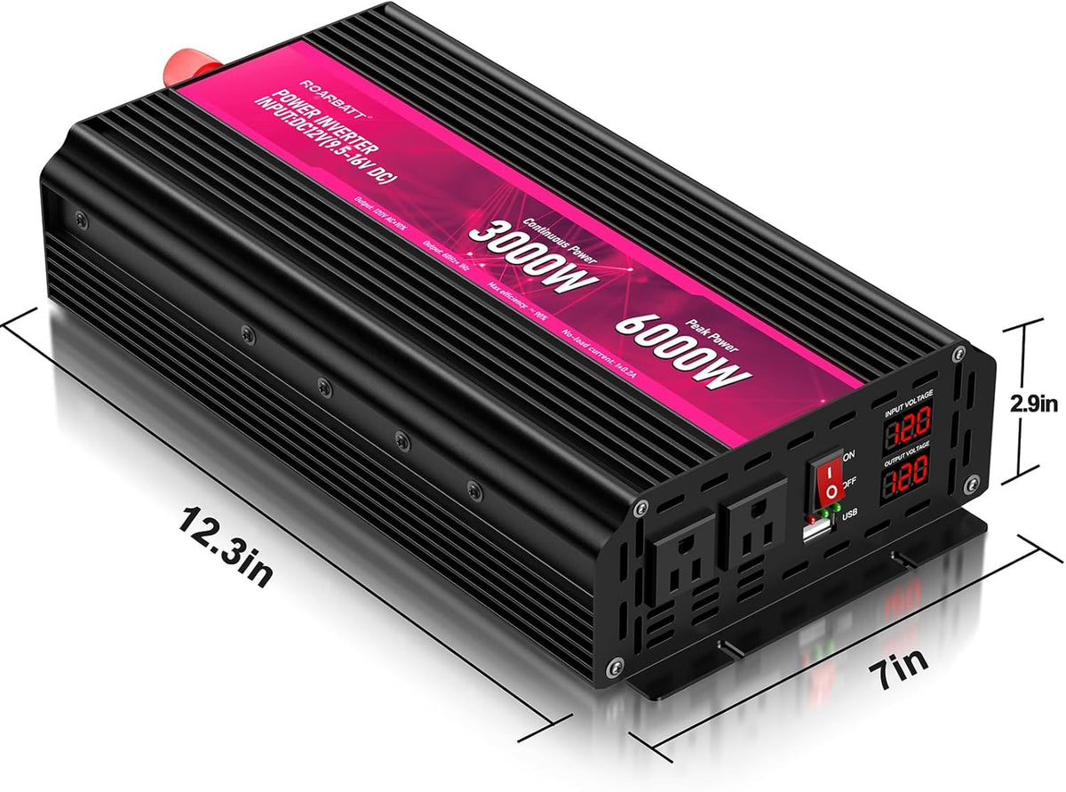 3000W Power Inverter,12V DC to AC 110V120V Peak Power 6000W with 2AC Outlets and 2.4USB Port,LCD Display Car Inverter for Outdoor Activities,Emergency - PuriLite