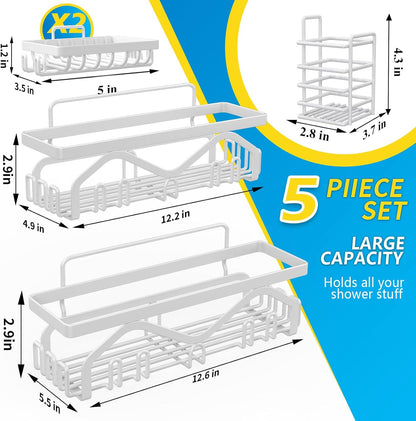 Coraje Adhesive Shower Caddy, 5-Pack Shower Shelves, Large Capacity Load Bearing 40 LBS Shower Organizer, No Drilling Shower Shelf, Rustproof Stainless Steel Bathroom Shower Storage, Black - PuriLite