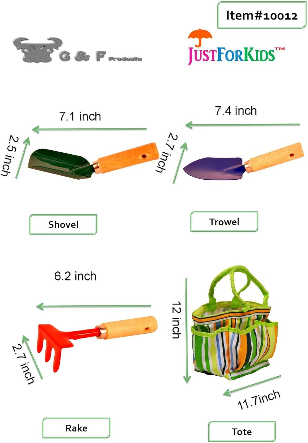 G & F Products 10018 JustForKids Kids Garden Tool Set Toy, Rake, Spade, Hoe and Leaf Rake, Reduced Size, 4-Piece - PuriLite