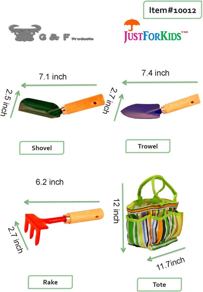 G & F Products 10018 JustForKids Kids Garden Tool Set Toy, Rake, Spade, Hoe and Leaf Rake, Reduced Size, 4-Piece - PuriLite