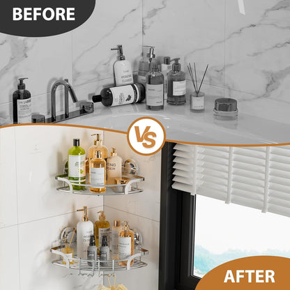 LEVERLOC Shower Caddy Suction Cup, 2 Pack Black Shower Shelf with Hooks and Soap Holder, NO-Drilling Bathroom Organizer, Rustproof Metal Bathroom Storage and Organization - PuriLite