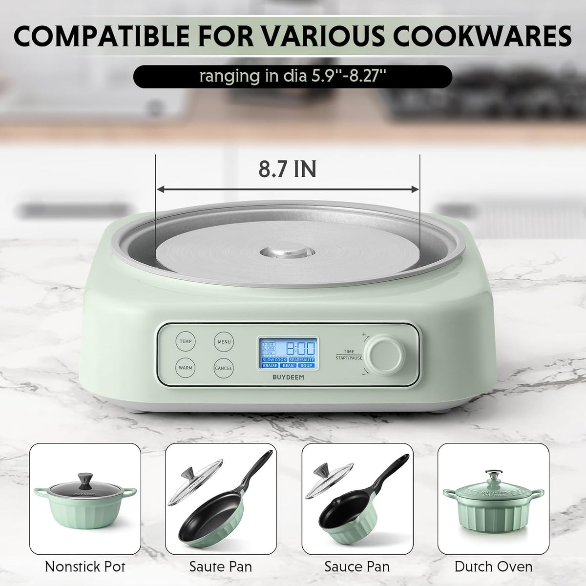 BUYDEEM LP55 5-in-1 Slow Cooker, Compatible with Various Cookwares, Multi-Cooker with Two Temperature Settings, Auto Keep Warm for 2H, Cozy Greenish, No Pot Included - PuriLite