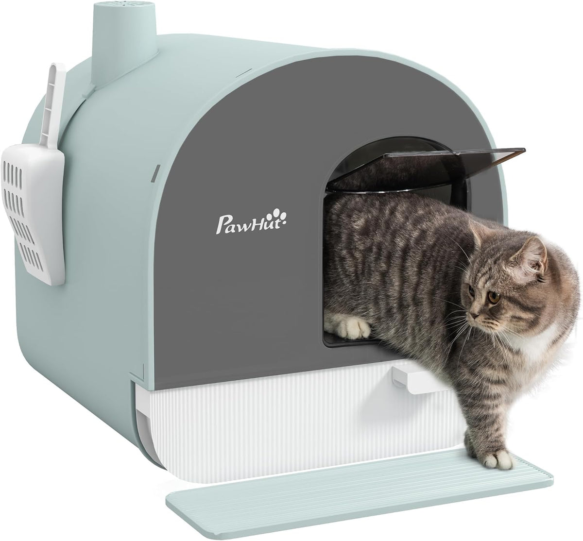 PawHut Large Cat Litter Box with Lid, Enclosed Kitty Litter Box with Slide-Out Tray, Scoop, Filter, Green - PuriLite