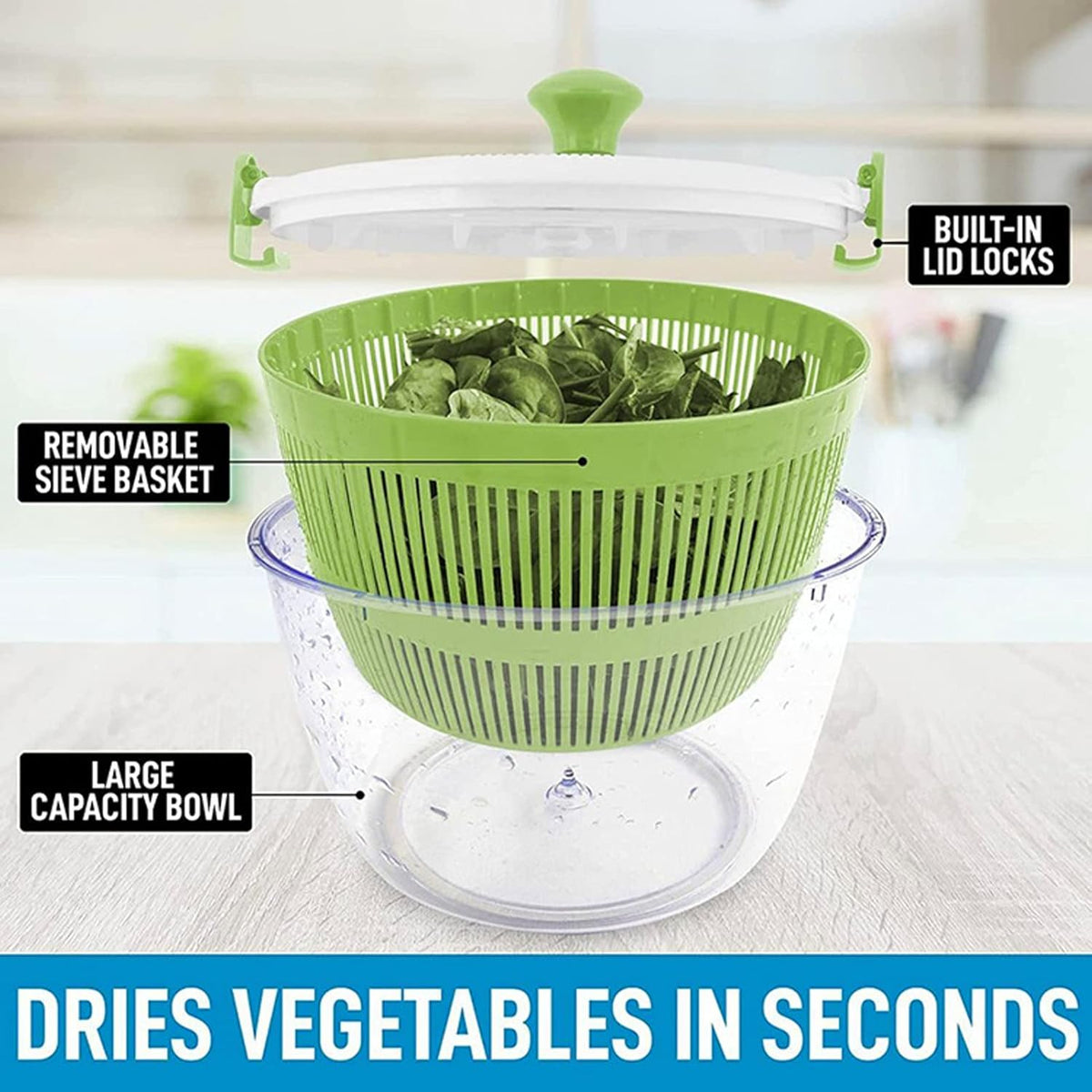 Salad Spinner with Hand Crank, Multifunctional Vegetable Spinner, Salad Dryer, Kitchen Tool - PuriLite