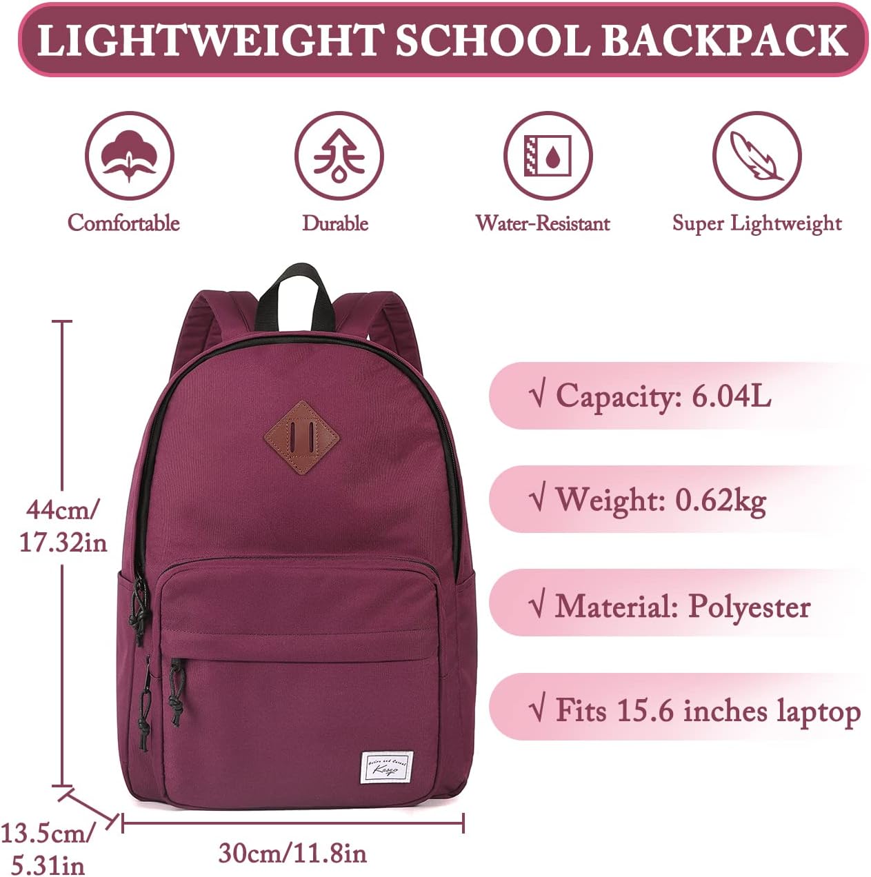 School Backpack, Kasqo 15.6 Inch Classic Lightweight Water-Resistant Backpack for Men Women Teens Girls Boys Kids to School, College, Travel, Work, Black - PuriLite