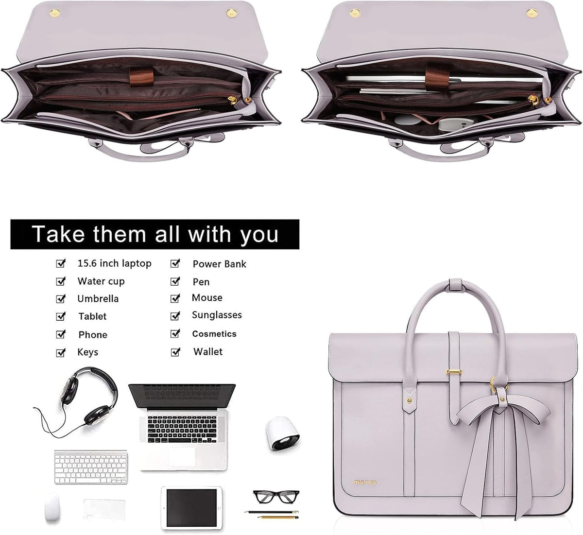 MOSISO Laptop Bag for Women, PU Leather Laptop Shoulder Bag Convertible Backpack, Work Travel Computer Bag with Bowknot - PuriLite