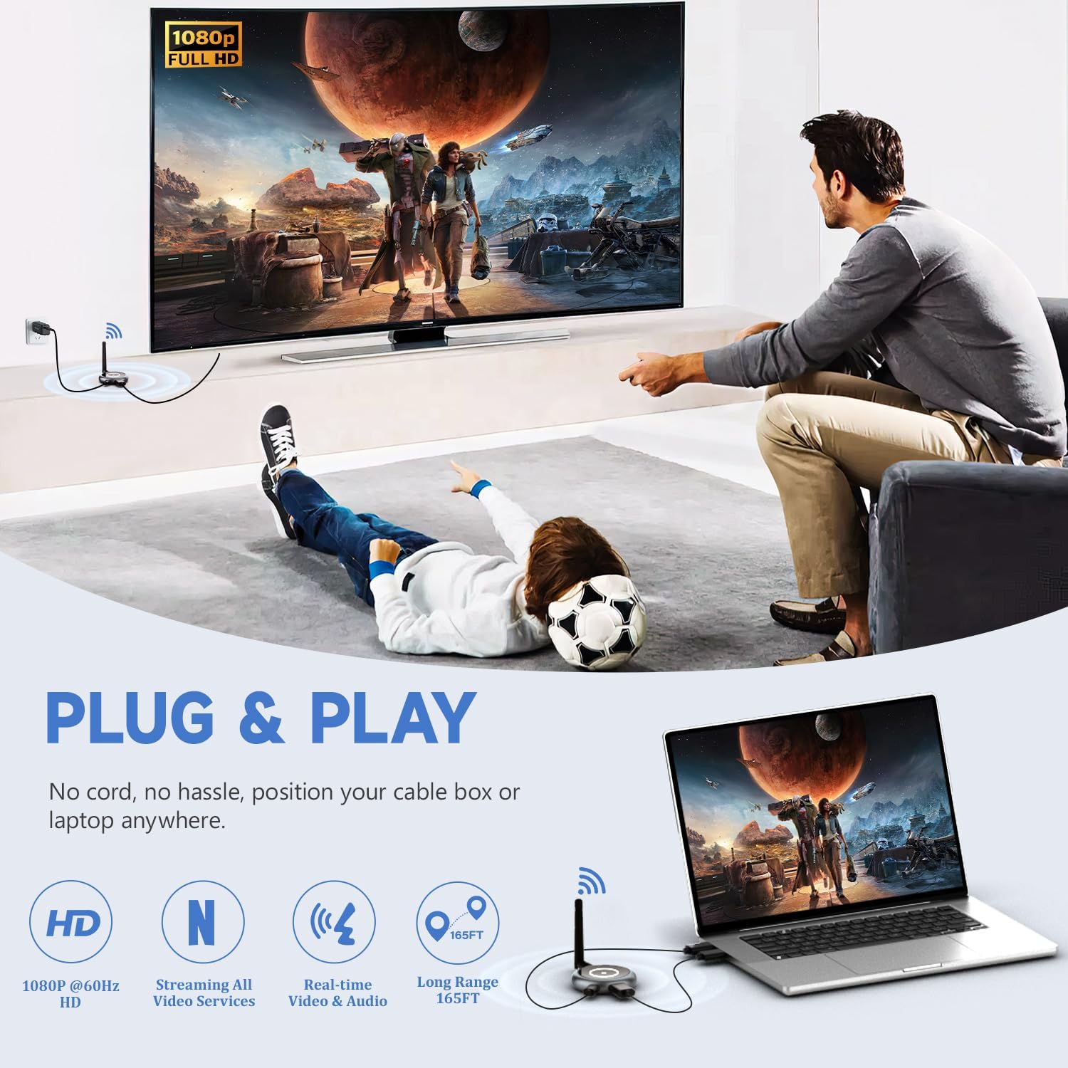 AIMIBO Wireless HDMI Transmitter and 4 Receivers, 5.8G @60Hz, Plug & Play HDMI Wireless Multiple TVs Extender for Streaming Video/Audio from Laptop, Camera, TV Box to TVs, Projectors, Monitors -165FT - PuriLite
