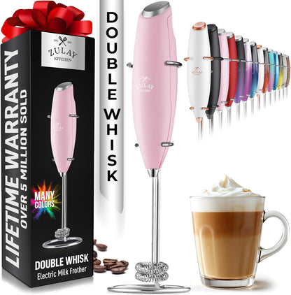 Zulay Kitchen Powerful Double Whisk Milk Frother Handheld - Foam Maker with Stand - Whisk Drink Mixer for Coffee, Mini Foamer for Latte, Matcha, Frappe, Hot Chocolate & Cappuccino (Black) - PuriLite