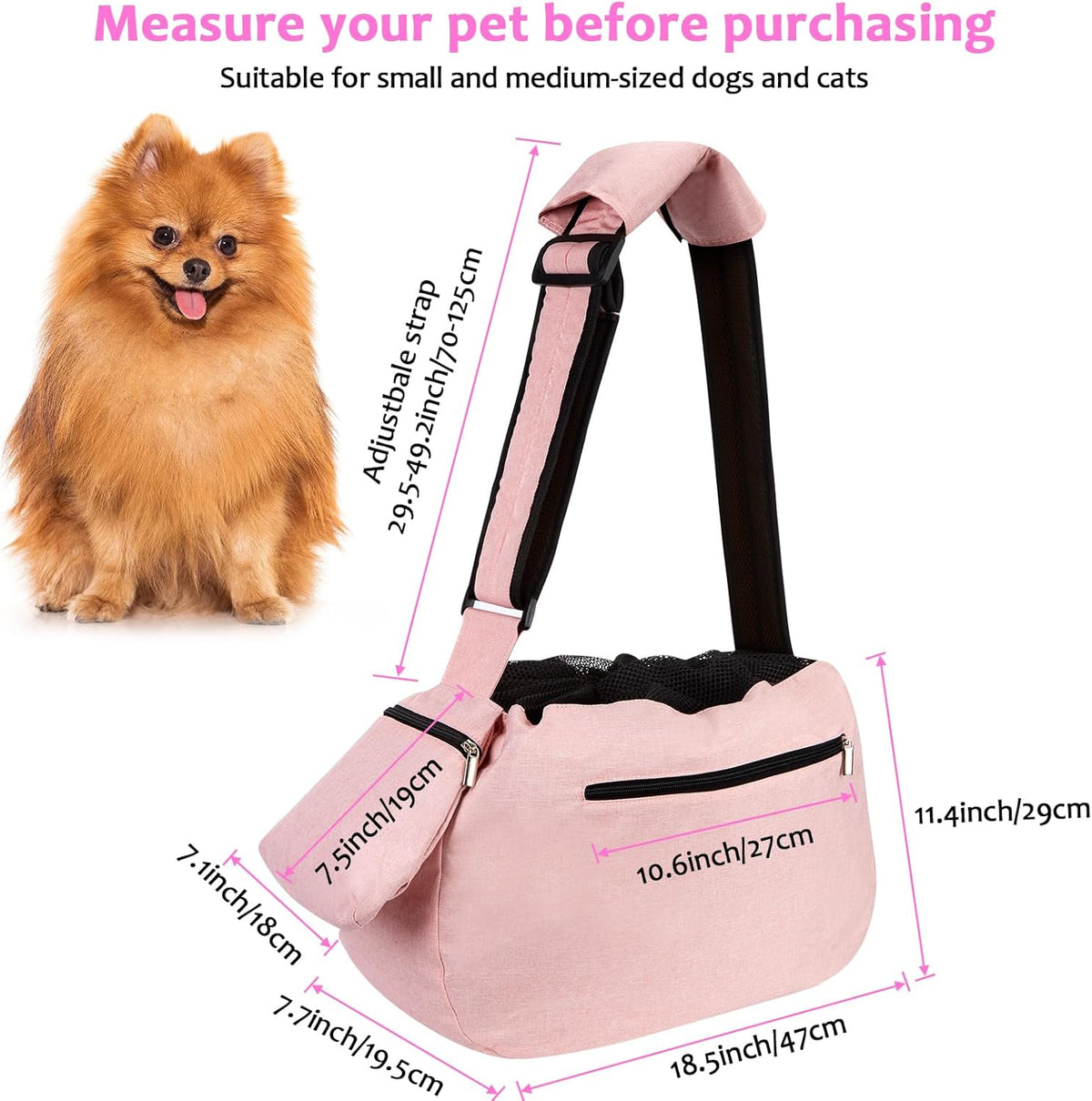Ownpets Pet Dog Sling Carrier Bag Adjustable Padded Strap Dog Hand Free Safe Mesh Pet Carrier for Small Medium Dog Cat, Fit 10lbs up to 20 Pounds - PuriLite