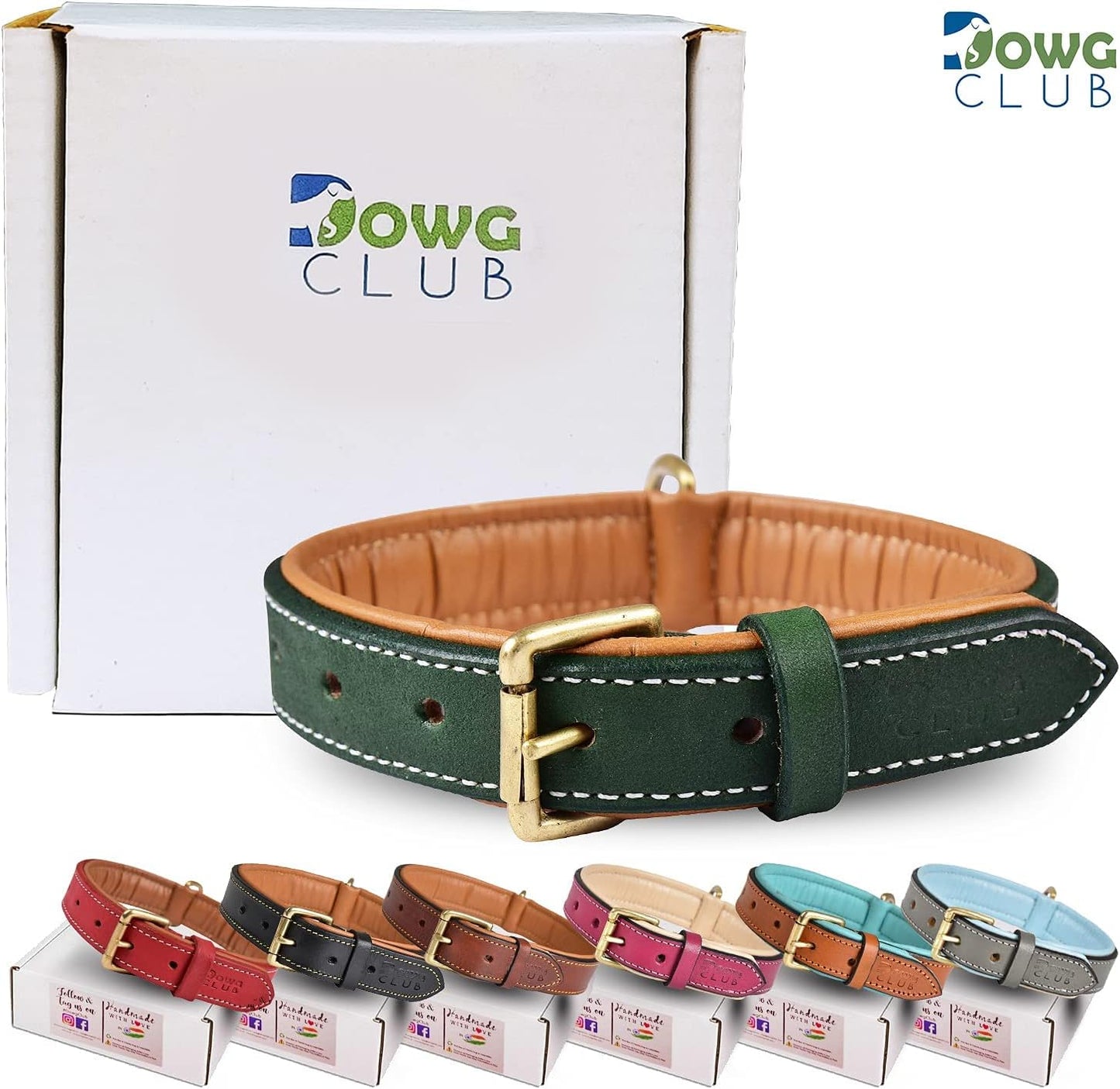 DowgClub | Genuine Leather Dog Collar | Full Grain, Heavy Duty | Comfortable, Strong | Best for Pups, Small, Medium & Large Breeds | Pink, Brown, Black, Tan - PuriLite