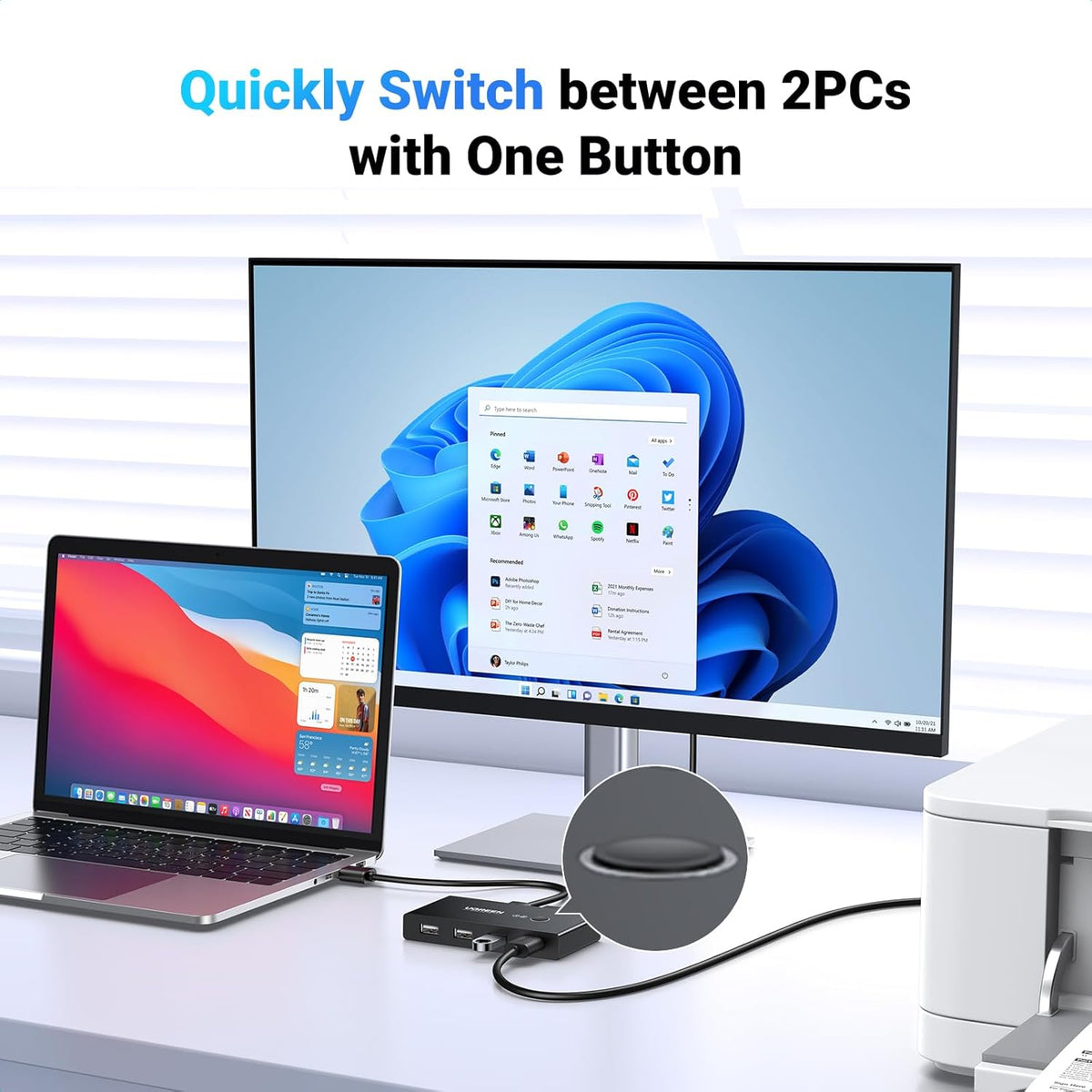 UGREEN USB 2.0 Switch Selector 2 Computers Sharing 4 Peripheral Devices, Switcher Box Hub for Mouse, Keyboard, Scanner, Printer, PCs with One-Button Swapping and 2 Pack USB A to A Cable - PuriLite