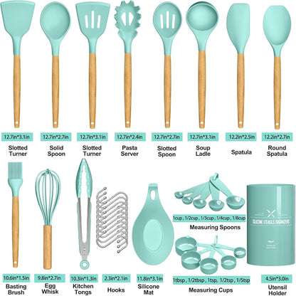 Umite Chef Kitchen Cooking Utensils Set, 33 pcs Non-Stick Silicone Cooking Kitchen Utensils Spatula Set with Holder, Wooden Handle Silicone Kitchen Gadgets Utensil Set (Khaki) - PuriLite