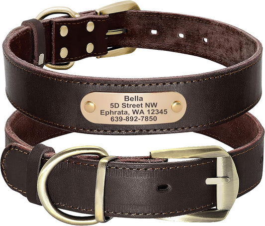 Didog Genuine Leather Dog Collars with Engraved Nameplate, Personalized Soft Leather Dog Collar with Custom ID Tag, Brown/Green/Red for Medium Large Dogs (L,Brown) - PuriLite