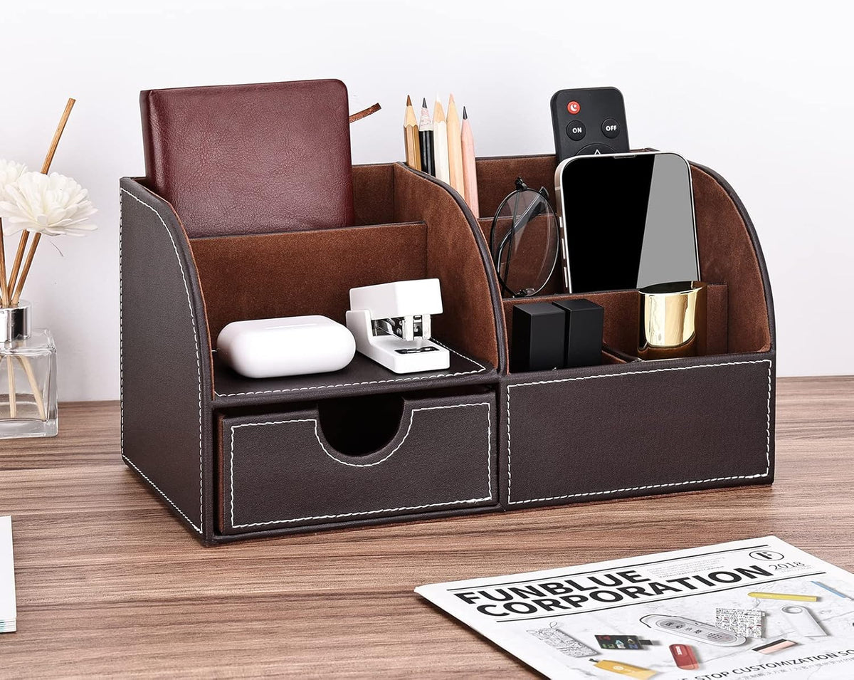 KINGFOM Pu Leather Desk Organizer Pen Pencil Holder Office Supplies Caddy Storage Box 6 Compartments with Drawer Brown (Half Pu) - PuriLite