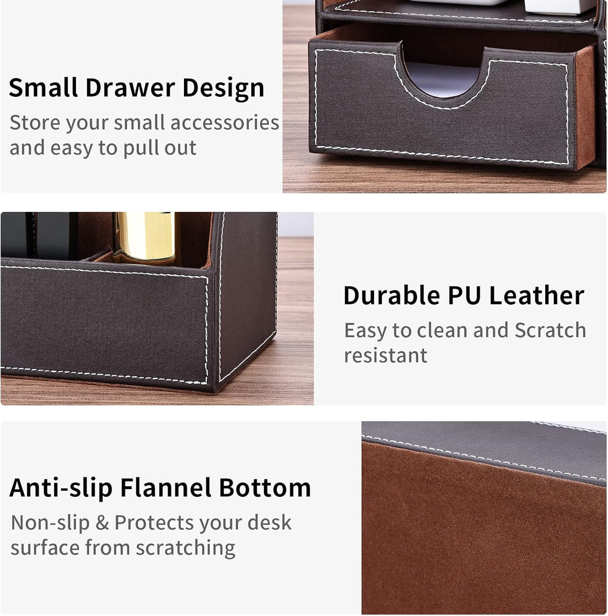 KINGFOM Pu Leather Desk Organizer Pen Pencil Holder Office Supplies Caddy Storage Box 6 Compartments with Drawer Brown (Half Pu) - PuriLite