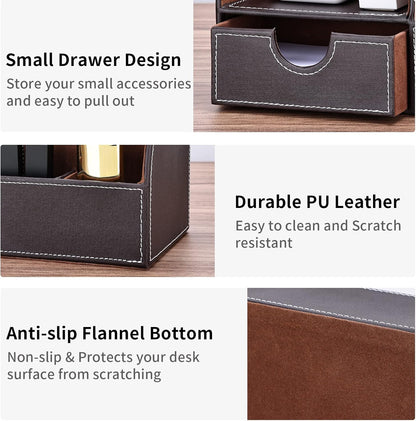 KINGFOM Pu Leather Desk Organizer Pen Pencil Holder Office Supplies Caddy Storage Box 6 Compartments with Drawer Brown (Half Pu) - PuriLite