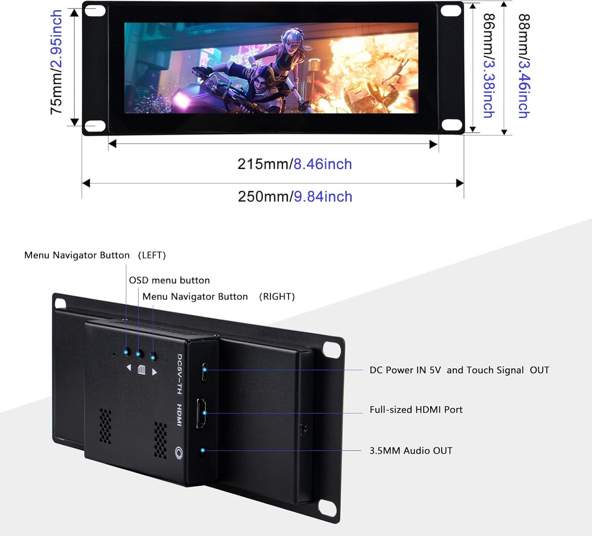 GeeekPi 7.84-Inch 1280x400 LCD Touch Screen 2U Rack-Mount Monitor for DeskPi RackMate T0/T1/T2 Server Cabinet - PuriLite