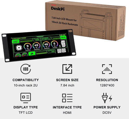 GeeekPi 7.84-Inch 1280x400 LCD Touch Screen 2U Rack-Mount Monitor for DeskPi RackMate T0/T1/T2 Server Cabinet - PuriLite