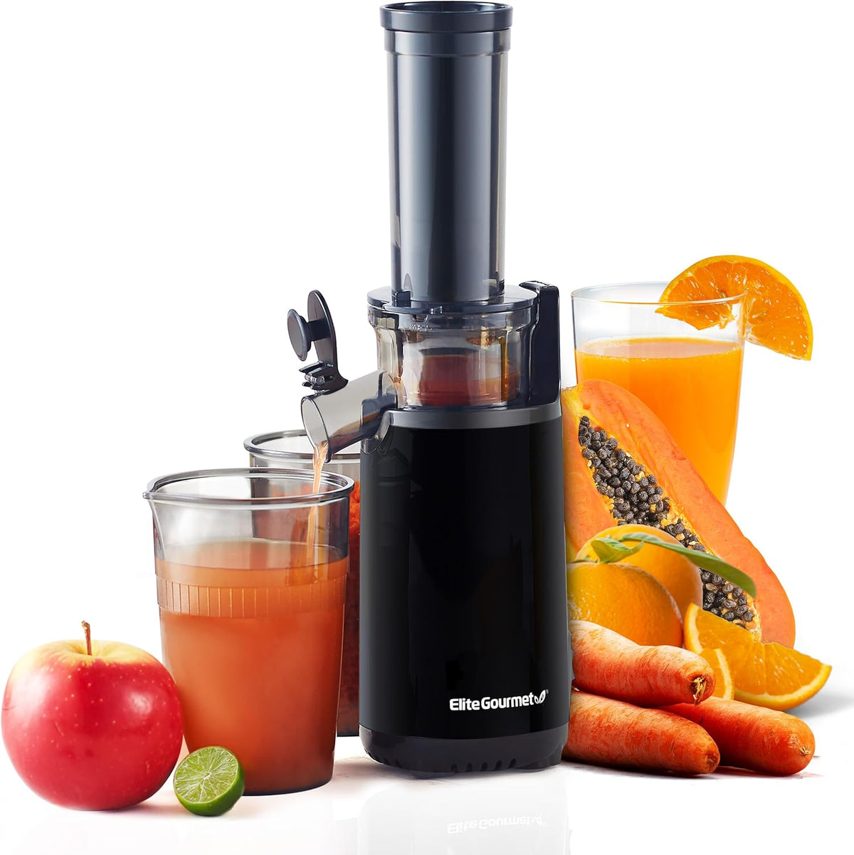 Elite Gourmet EJX600 Compact Small Space-Saving Masticating Slow Juicer, Cold Press Juice Extractor, Nutrient and Vitamin Dense, Easy to Clean, 16 oz Juice Cup, Charcoal Grey - PuriLite