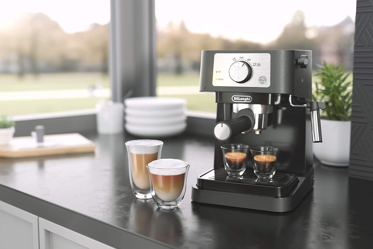 De'Longhi Stilosa Manual Espresso Machine, Latte & Cappuccino Maker, 15 Bar Pump Pressure + Manual Milk Frother Steam Wand, Black / Stainless, EC260BK - PuriLite