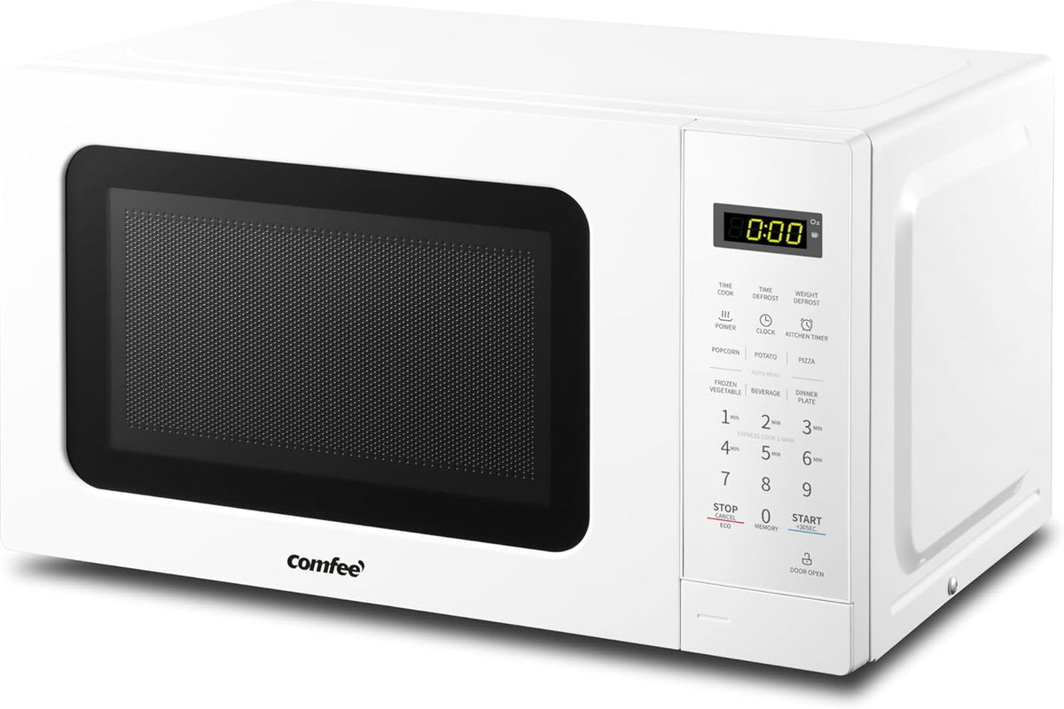 COMFEE' CM-M201K(WH) Countertop Microwave Oven with Express Cook, 6 Preset Menus and Kitchen Timer, 0.7 cu.ft. (20L), 700W, White - PuriLite