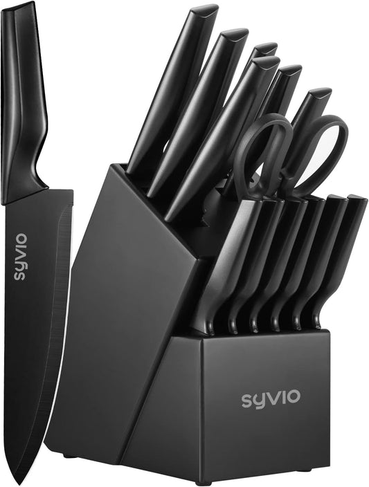 Knife Set, syvio 15pcs Knife Sets for Kitchen with Block and Sharpener, Razor-Sharp, Effortless Sharpening, Premium Kitchen Knives with Heavy Poultry Shears and 6pcs Serrated Steak Knives, Black - PuriLite