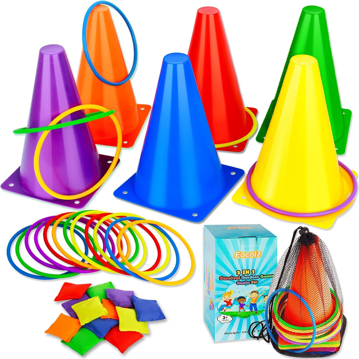 Eocolz 3 in 1 Carnival Games Set, Soft Plastic Cones Bean Bags Ring Toss Games for Kids Birthday Party Outdoor Games Supplies 32 Piece Combo Set - PuriLite