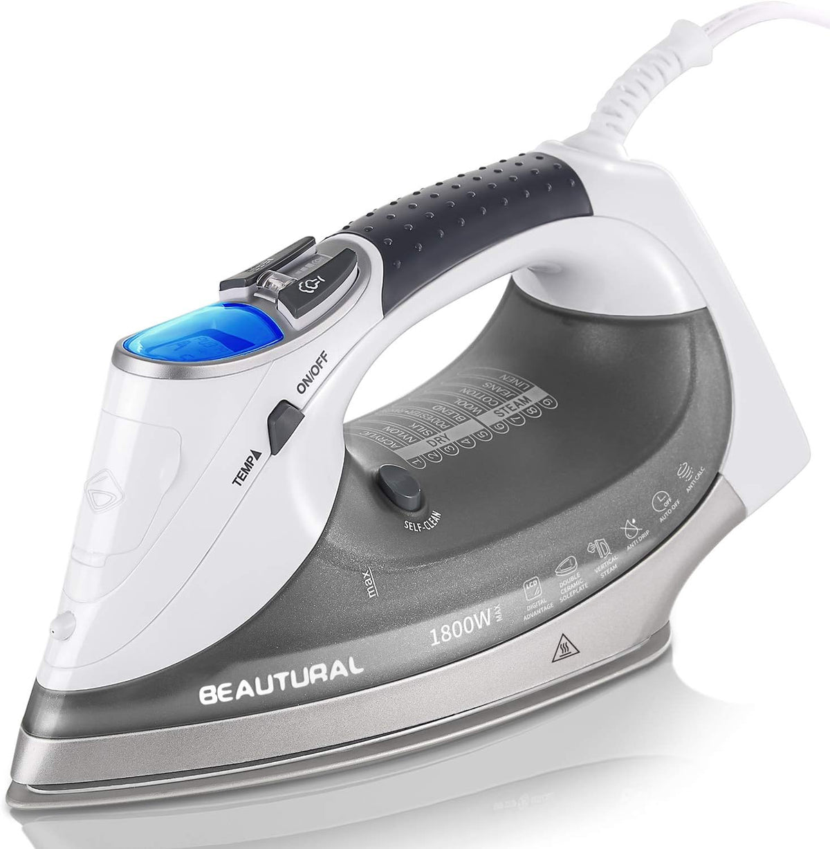 BEAUTURAL 1800-Watt Steam Iron with Digital LCD Screen, Double-Layer and Ceramic Coated Soleplate, 3-Way Auto-Off, 9 Preset Temperature and Steam Settings for Variable Fabric - PuriLite
