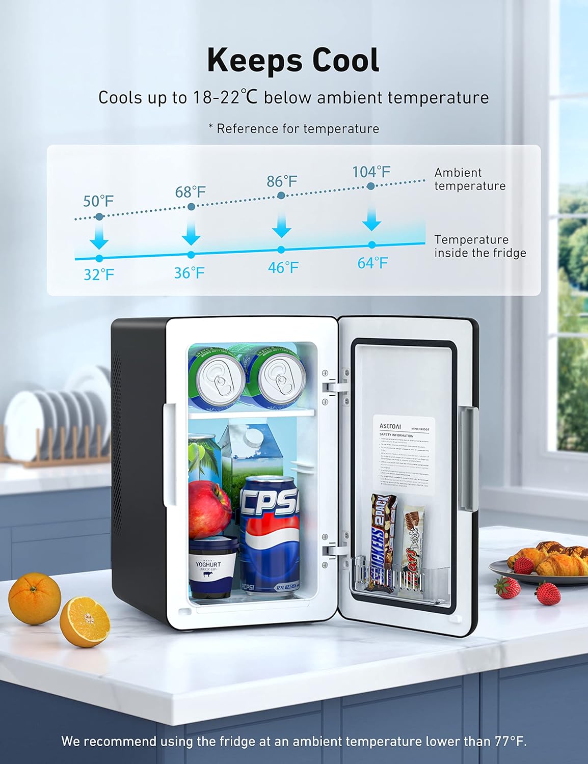 AstroAI Mini Fridge 2.0 Gen, 6 Liter/8 Cans Makeup Skincare Fridge 110V AC/ 12V DC Portable Thermoelectric Cooler and Warmer Little Tiny Fridge for Bedroom, Cosmetics (Dark Black) - PuriLite