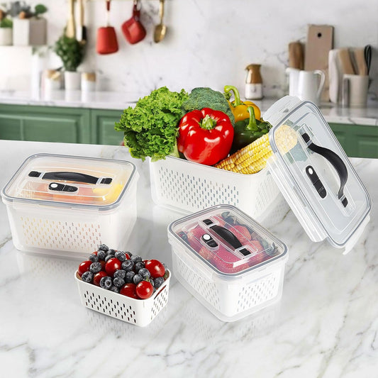 4 PC Large Fresh Fruit Containers for Fridge,Luxear Fridge Container Set BPA Free,Dishwasher & Microwave Safe Produce Keeper Fresh Box for Refrigerator,Stackable Clear Frigerator Organizer for Kitchen - PuriLite