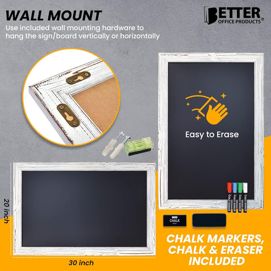 Better Office Products Magnetic Wall Chalkboard, X Large Size 20" x 30", Rustic Wood Frame, Chalkboard Sign, Vertical/Horizontal Wall Mount, Includes 4 Chalk Markers + Chalk and Eraser,(Whitewash) - PuriLite