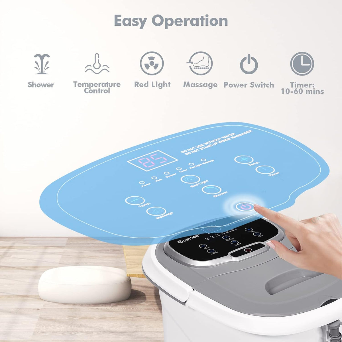 COSTWAY Foot Spa/Bath Massager, with Motorized Rollers, Shiatsu Massage, Shower, Heat, Red Light, Temperature Control, Timer, LED Display, Drainage Pipe for Foot Stress Relief (Grey) - PuriLite