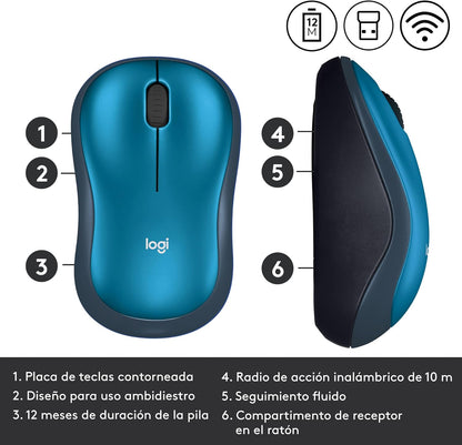Logitech M185 Wireless Mouse, 2.4GHz with USB Mini Receiver, 12-Month Battery Life, 1000 DPI Optical Tracking, Ambidextrous, Compatible with PC, Mac, Laptop - Blue - PuriLite