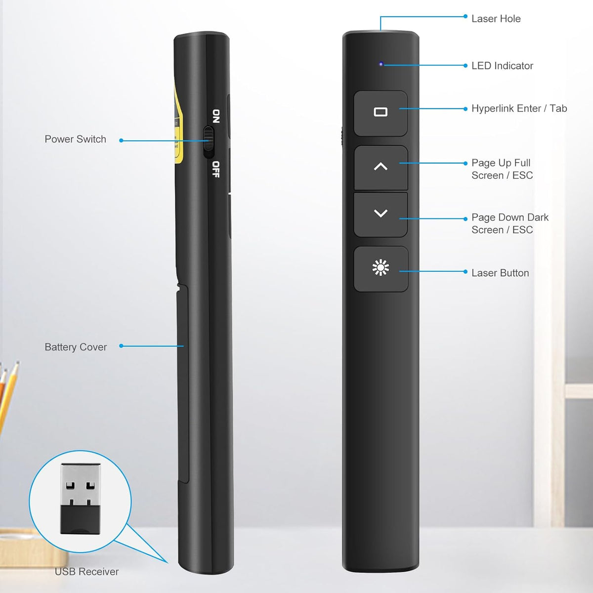 JNGKE Presentation Clicker, Hyperlink Volume Control Wireless Presenter Remote Control, 50M Long Contol Range Slideshow PowerPoint Clicker for PPT/Keynote/Classroom/Mac/Windows/Linux/Google Slide - PuriLite