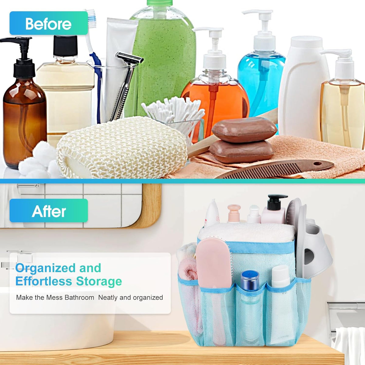 Attmu Mesh Shower Caddy Portable for College Dorm Room Essentials with 8 Pockets, Hanging Shower Caddy Basket Tote Bag Toiletry Accessories for Bathroom - PuriLite