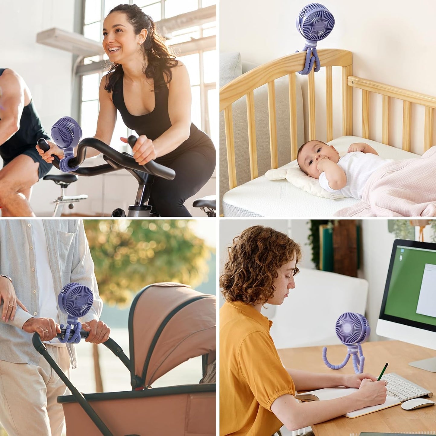 Momcozy Portable Stroller Fan, 27H Ultra-long Battery Life, Detachable 4 Speed 360°Rotate, LED Night Light with 2 Modes, USB Rechargeable and Handheld Cooling Fan for Travel, Car Seat - PuriLite
