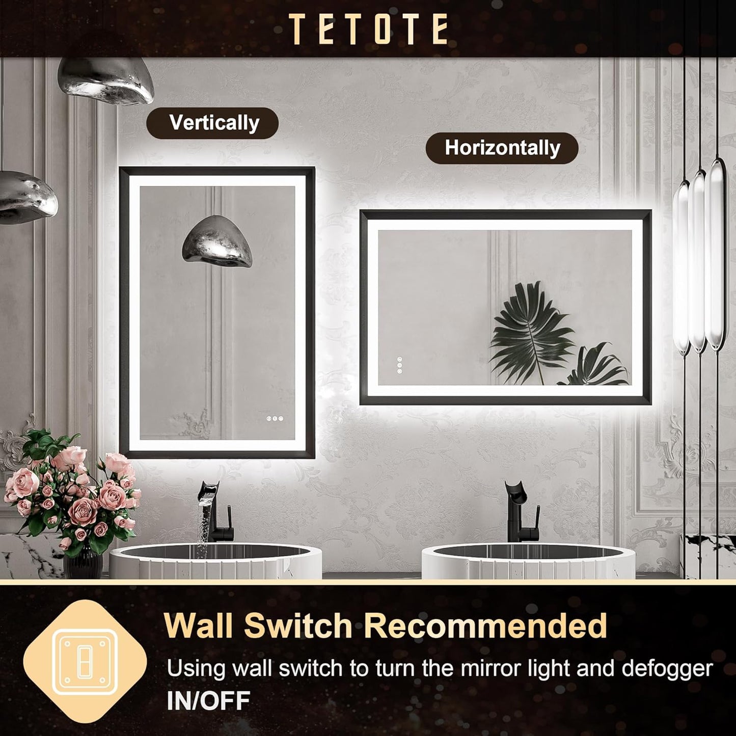 TETOTE 28x36 LED Mirror for Bathroom Black Metal Frame Frontlit & Backlit Lighted Vanity Mirror Baroque Gothic Anti Fog Stepless Dimmable White/Warm/Natural,Wall Mounted(Horizontal/Vertical) - PuriLite