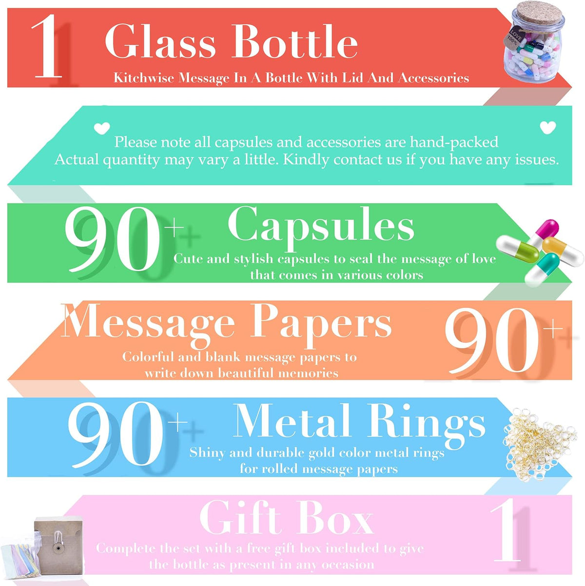 90pcs+ Message In a Bottle DIY Gift Extra Capsules and Notes (Mixed Colors) - PuriLite