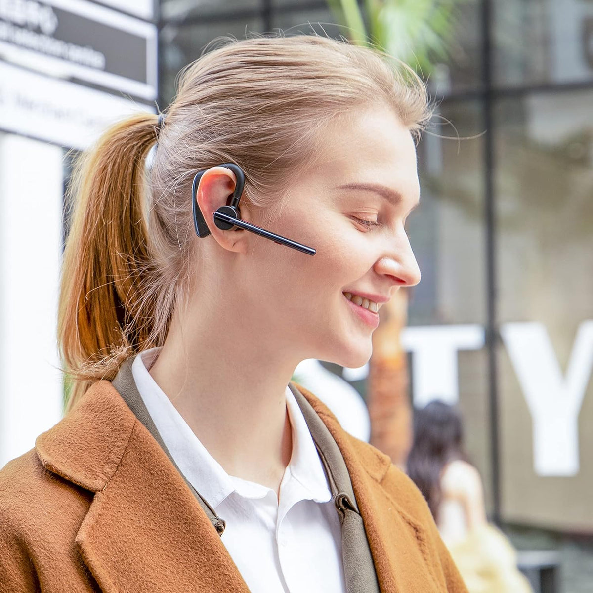 Bluetooth Headset V5.2 New Bee Bluetooth Earpiece CVC8.0 Dual Mic Noise Cancelling Wireless Handsfree 24Hrs Talktime Driving Headset with Mic Mute for iPhone Android Smartphone Business Office - PuriLite
