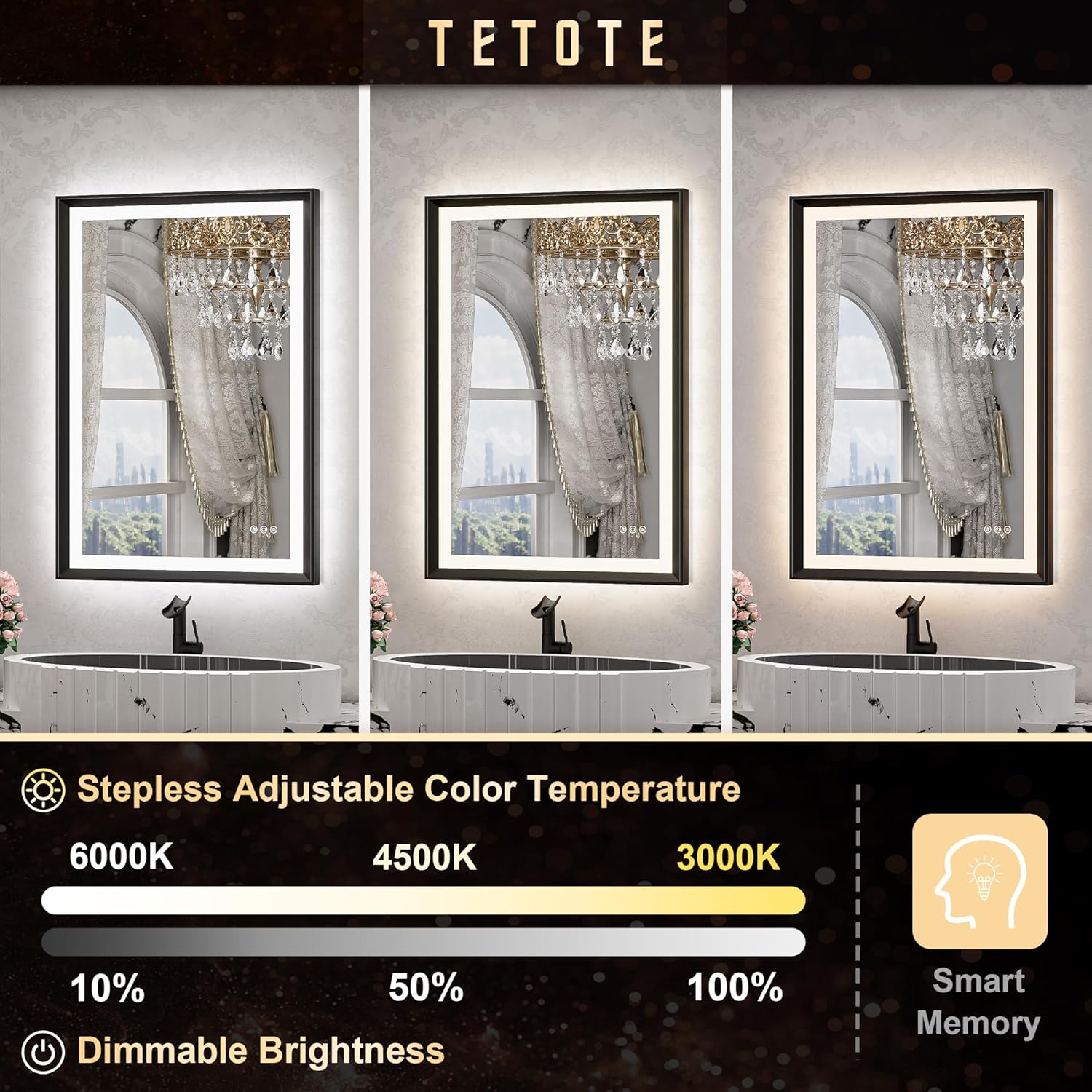 TETOTE 28x36 LED Mirror for Bathroom Black Metal Frame Frontlit & Backlit Lighted Vanity Mirror Baroque Gothic Anti Fog Stepless Dimmable White/Warm/Natural,Wall Mounted(Horizontal/Vertical) - PuriLite