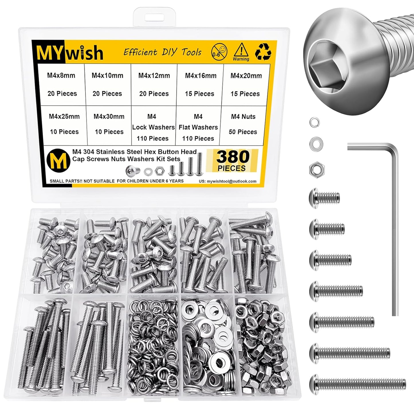 Mywish 900Pcs Metric Screw Assortment, M3 M4 M5 M6 Screw Assortment Kit 304 Stainless Steel Hex Socket Button Head Socket Cap Metric Screws Bolts & Flat Washers/Nuts/Hex Wrenches 16 Sizes 8MM to 20MM - PuriLite