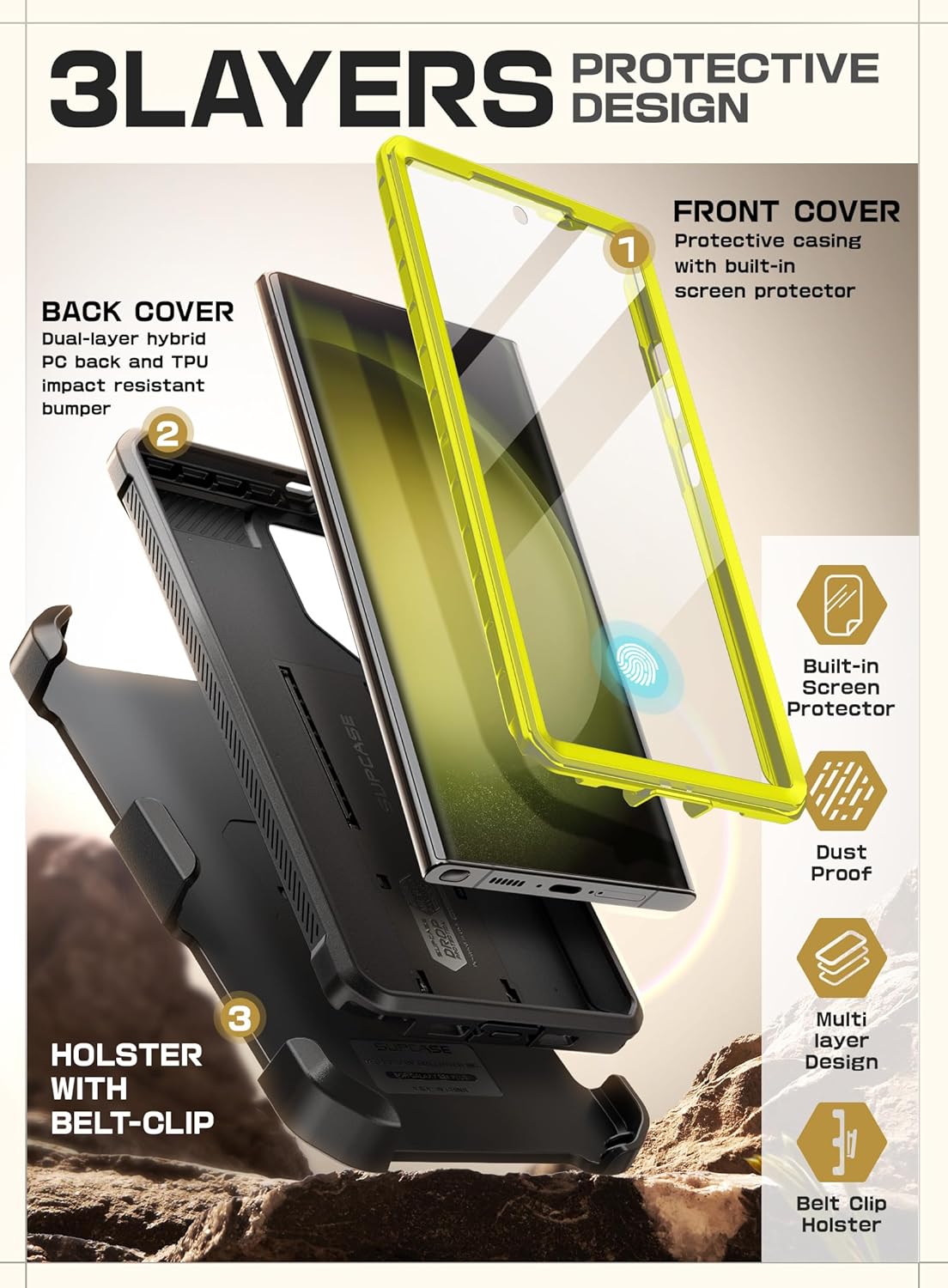SUPCASE Unicorn Beetle Pro Case for Samsung Galaxy S23 Ultra 5G (2023), [Extra Front Frame] Full-Body Dual Layer Rugged Belt-Clip & Kickstand Case with Built-in Screen Protector (Black) - PuriLite