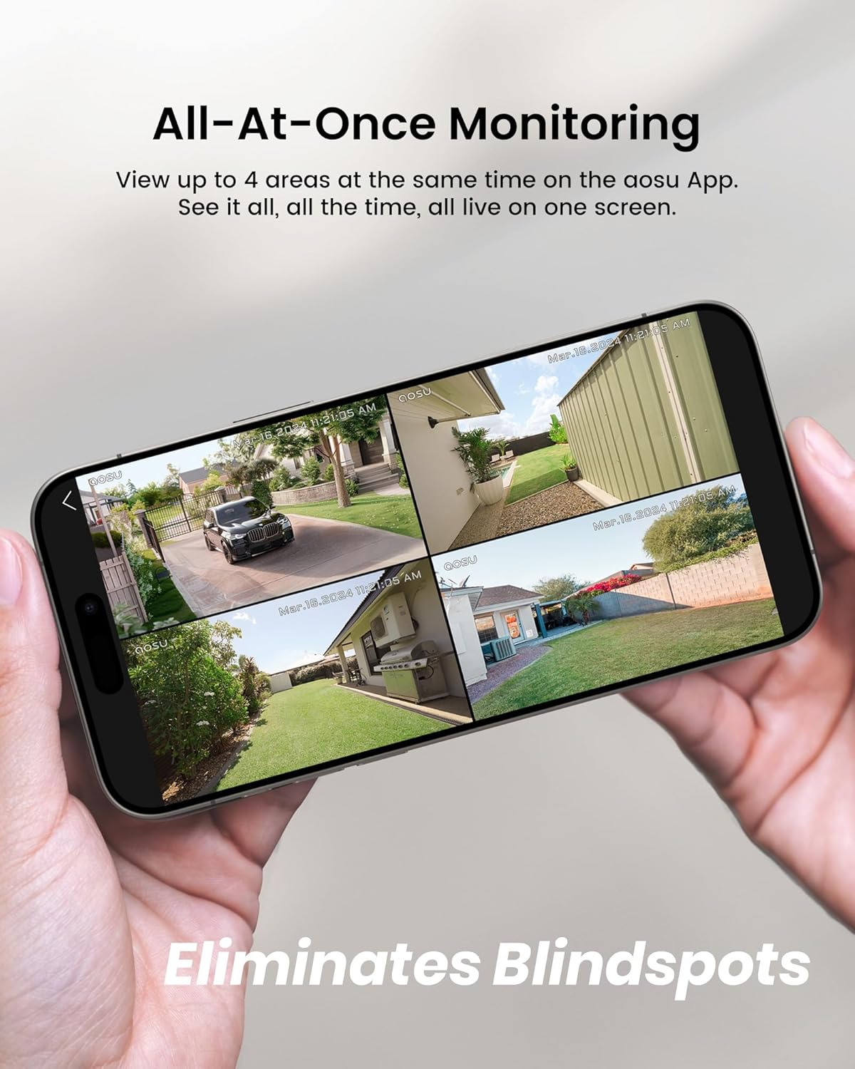 AOSU Solar Security Cameras Wireless Outdoor, 4 Cam-Kit, No Monthly Fees, Local Storage, Home Security Cameras System with Integrated Solar Panel, Easy Setup, 2K Color Night Vision, 5G & 2.4G WiFi - PuriLite