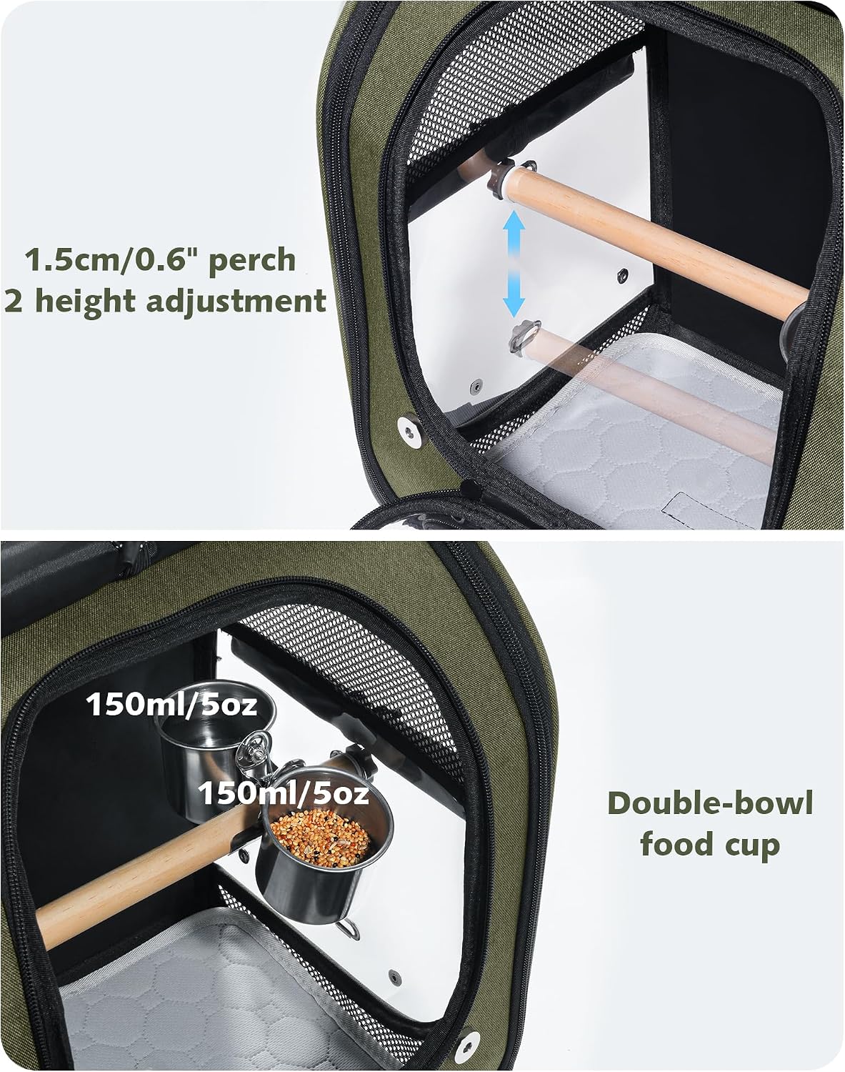 Pecute Bird Travel Carrier Backpack, Breathable Collapsible,Green