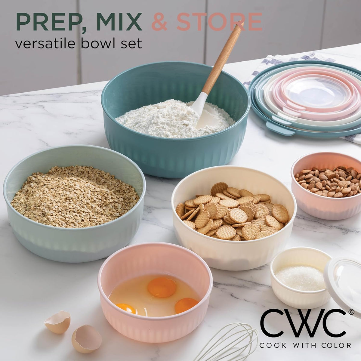 COOK WITH COLOR Prep Bowls with Lids- 8 Piece Nesting Plastic Small Mixing Bowl Set with Lids (Teal Ombre) - PuriLite