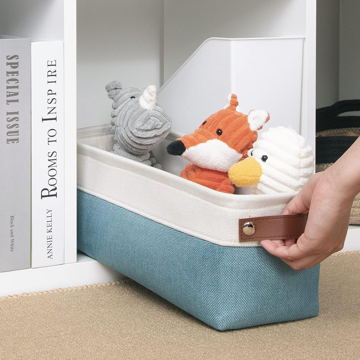 DULLEMELO Storage Baskets for Shelves, Fabric Collapsible Rectangular Storage Bins for Shelves, Closets, Nursery, Home, Office, Empty Gift Baskets (White&Teal) - PuriLite