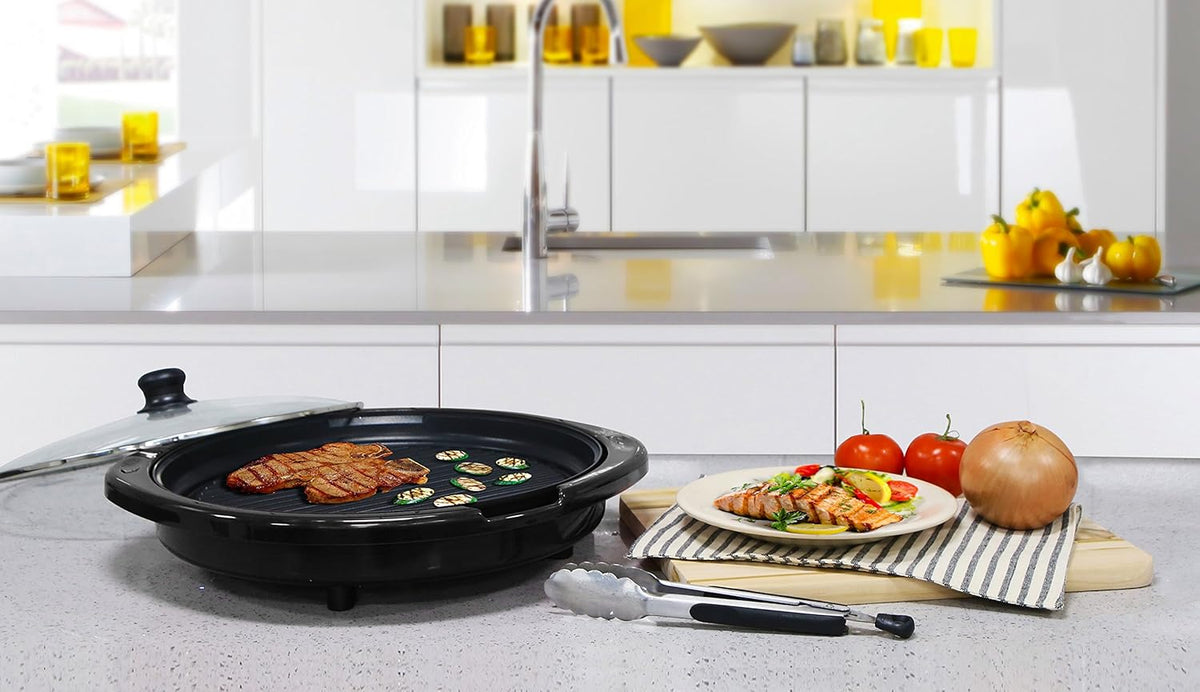 Elite Gourmet EMG6505G Smokeless Indoor Electric BBQ Grill with Glass Lid, Dishwasher Safe, PFOA-Free Nonstick, AdjCatable Temperature, Fast Heat Up, Low-Fat Meals Easy to Clean Design - PuriLite