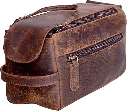 Premium Buffalo Leather Unisex Toiletry Bag Travel Dopp Kit Shaving kit (Distressed Tan) - PuriLite