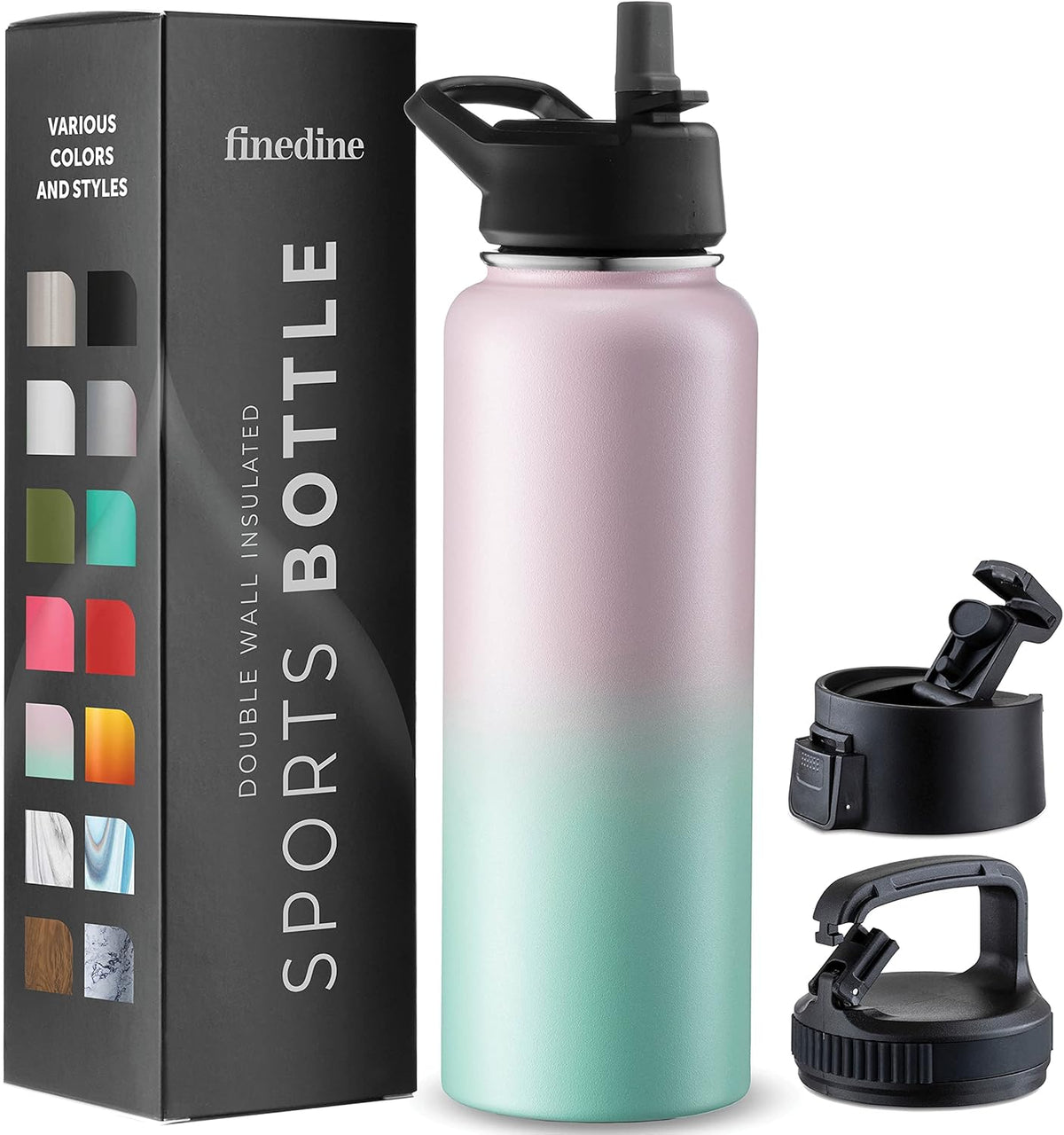FineDine Water Bottle - Stainless Steel Insulated Water Bottle with Straw Lid, Flip Lid & Wide-Mouth Cap - Keeps Hot and Cold - 25 Oz / 739ml - Pure Pearly White - PuriLite